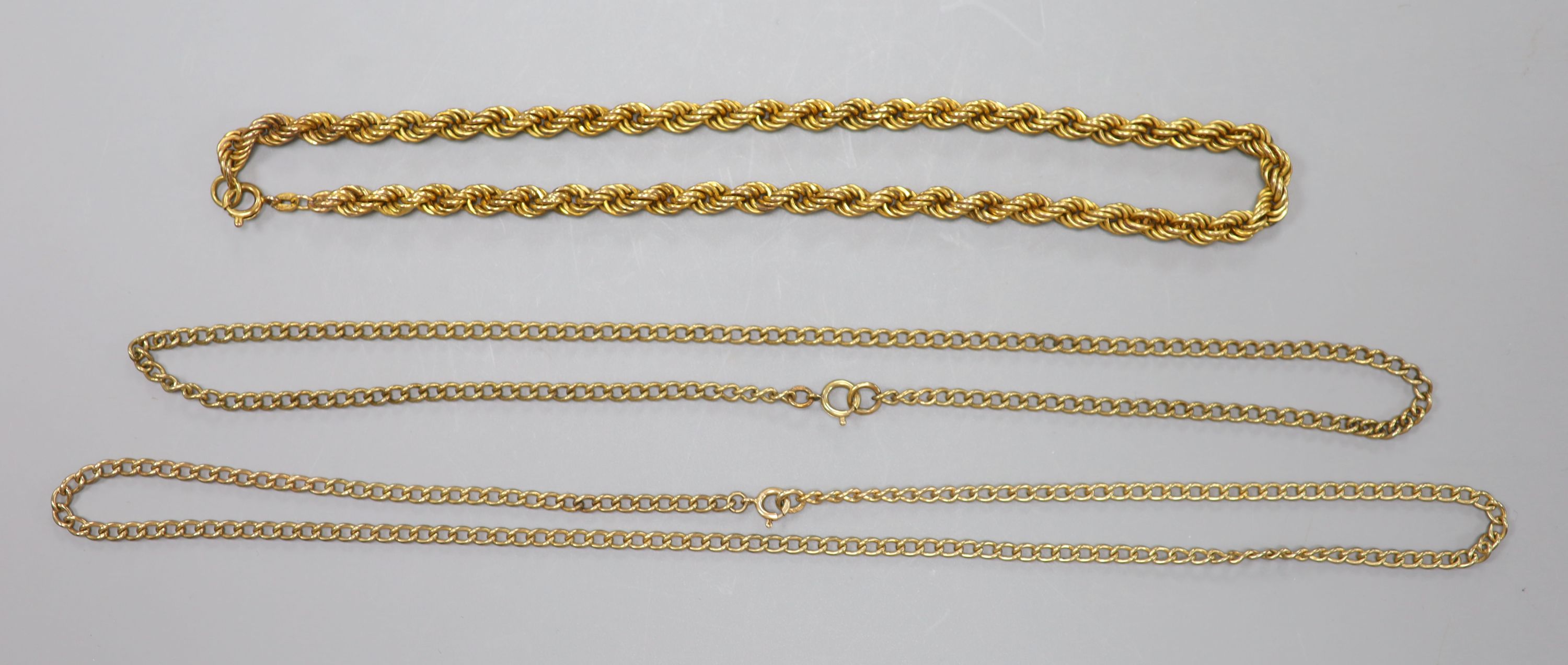 Three assorted modern 9ct gold chains, including ropetwist, longest 50cm
